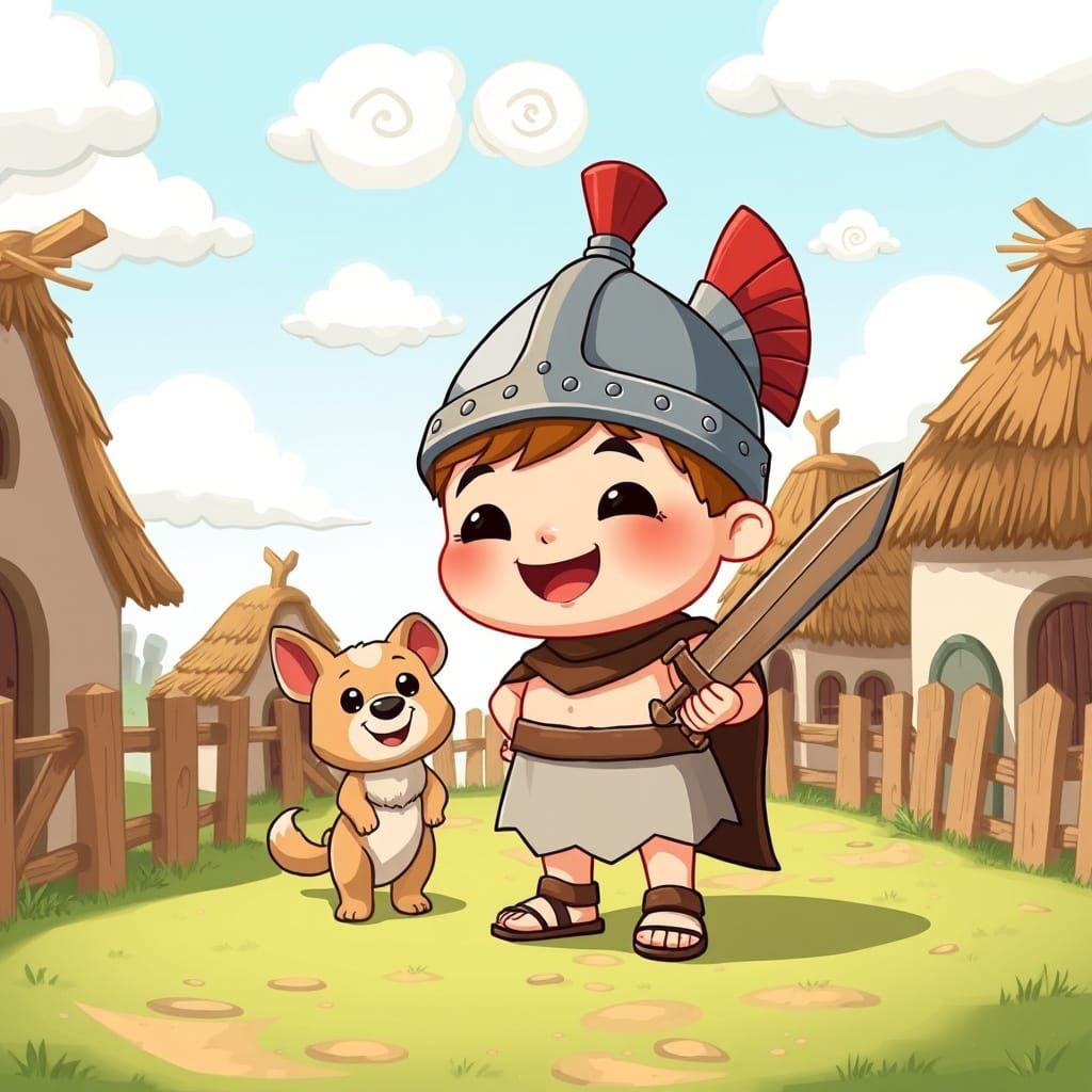 Cute Gaulish Village Cartoon in Super Deformed Style