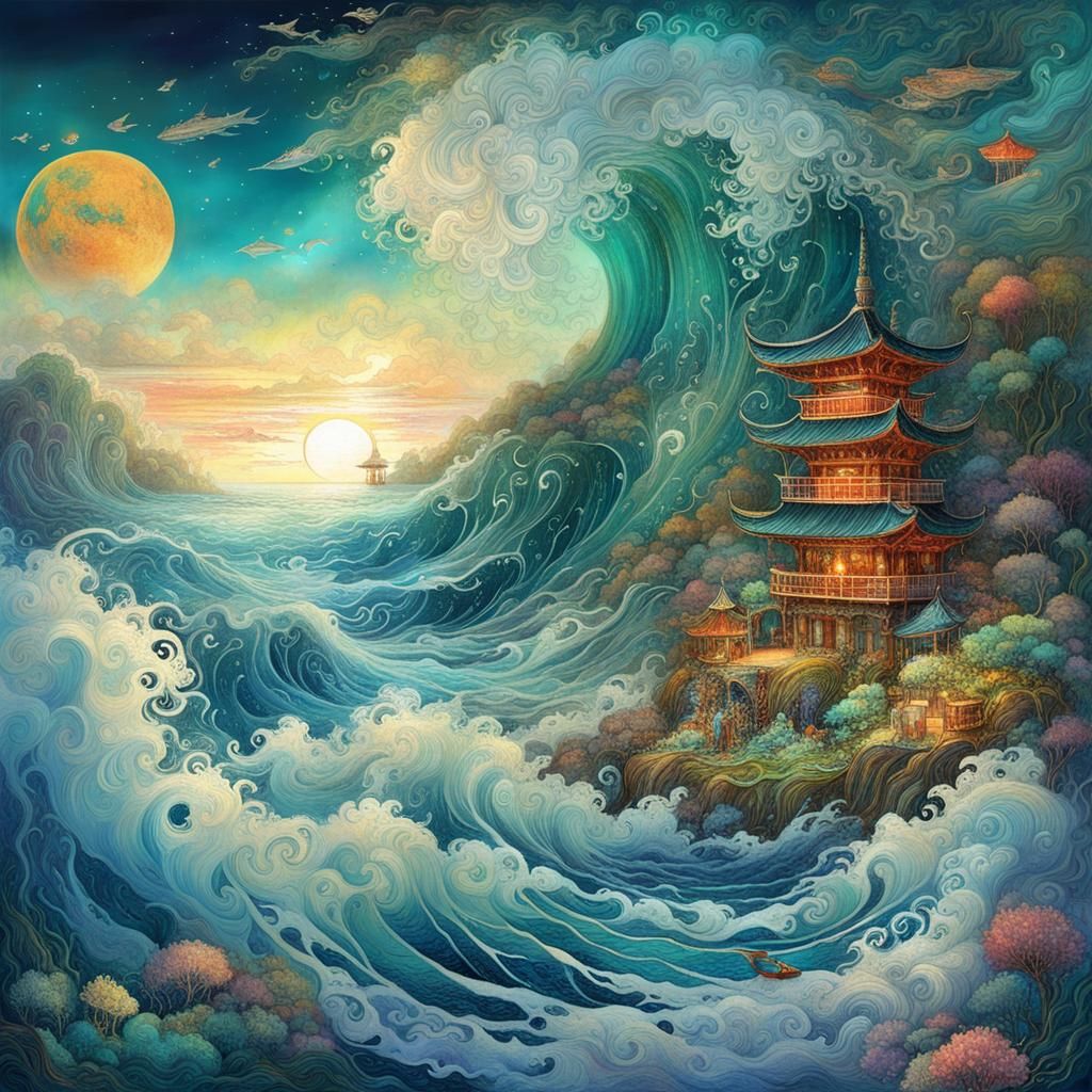 Japanese Seascape with 3D Waves in Manhwa Style