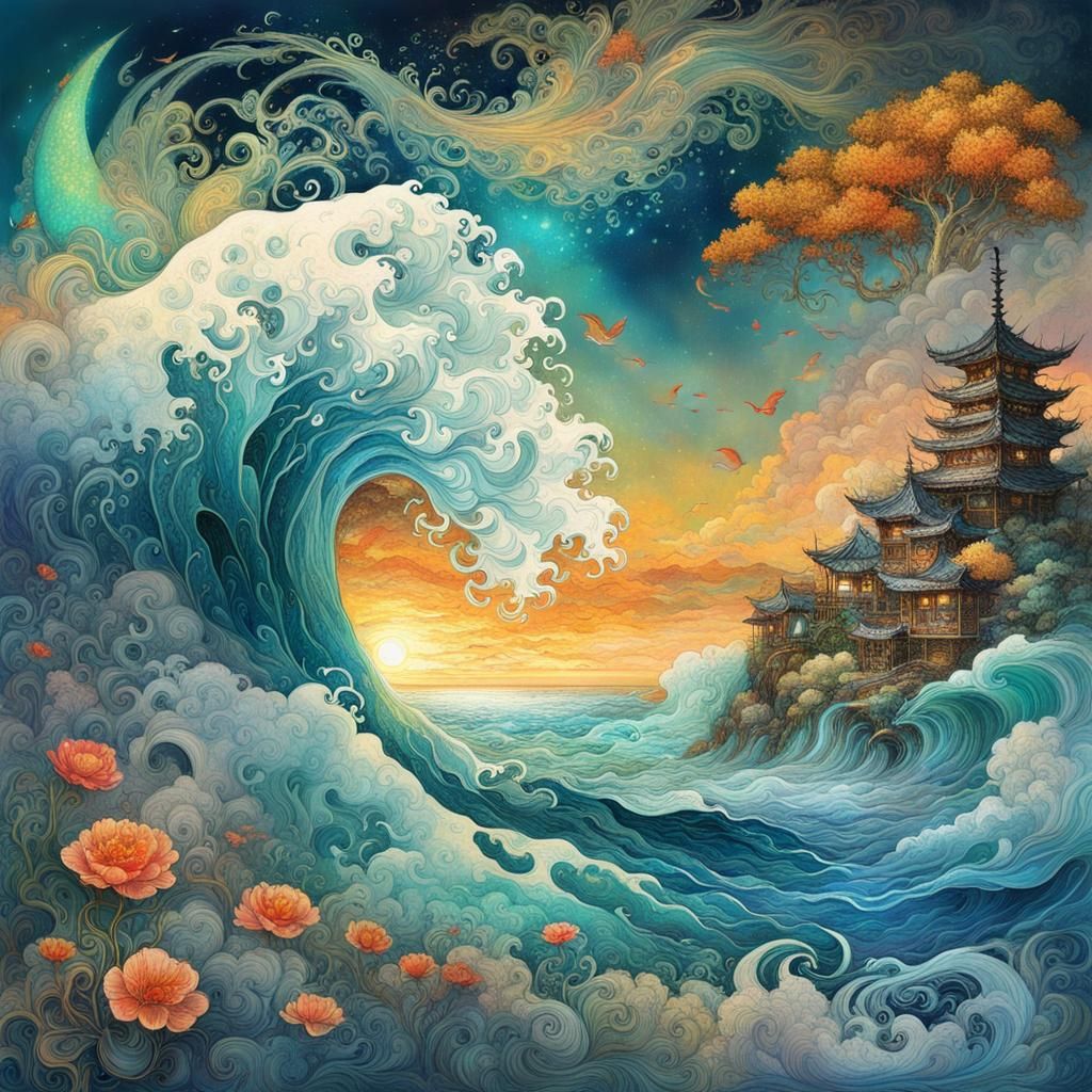 Japanese Seascape with Rolling Waves, Manhwa Style