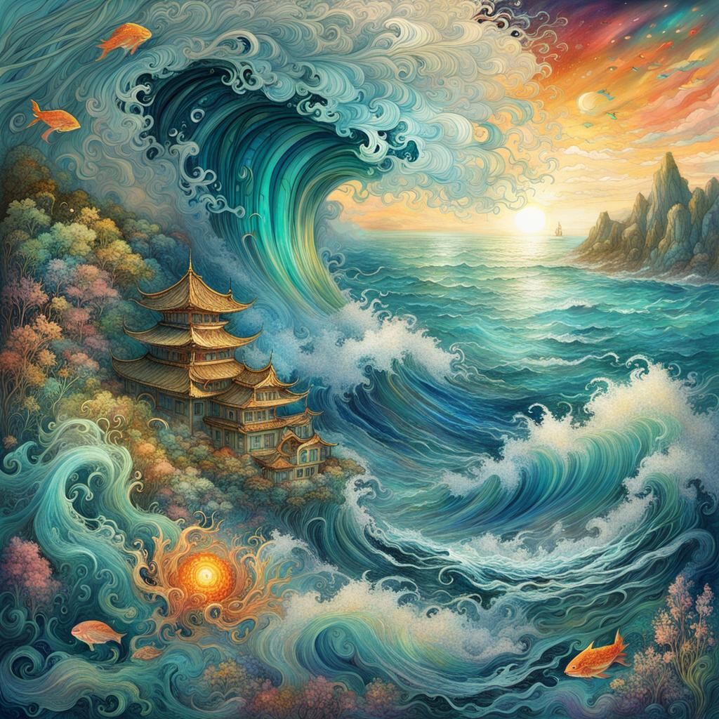 Japanese Seascape with 3D Waves, Manhwa Style