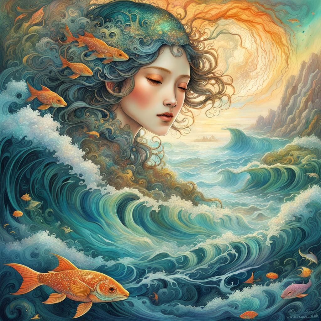 Japanese Seascape with 3D Waves in Manhwa Style