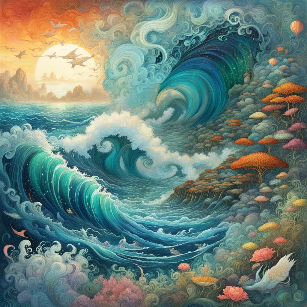 Japanese Seascape with 3D Waves in Manhwa Style