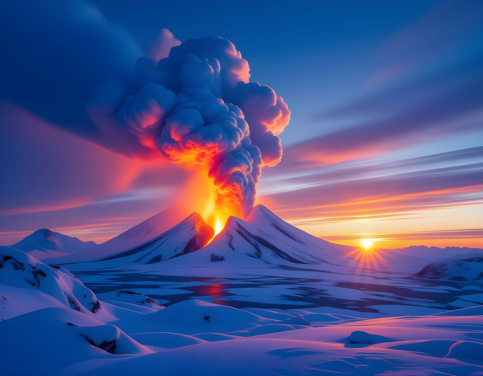 Volcano Eruption at Sunrise with Eternal Snow