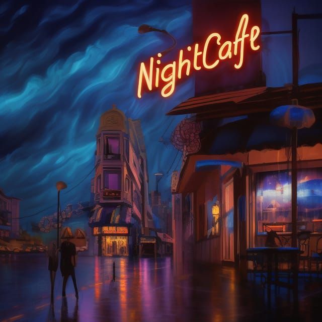 Night Cafe with Neon Sign in Volumetric Lighting
