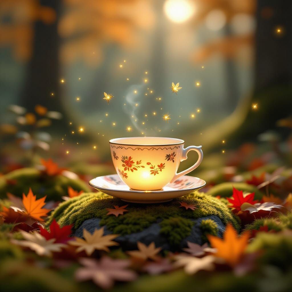 Glowing Teacup in Magical Autumn Forest