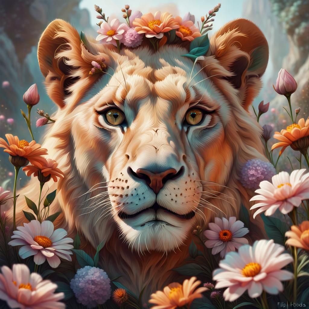Lioness Head Surrounded by Flowers, Fantasy Art