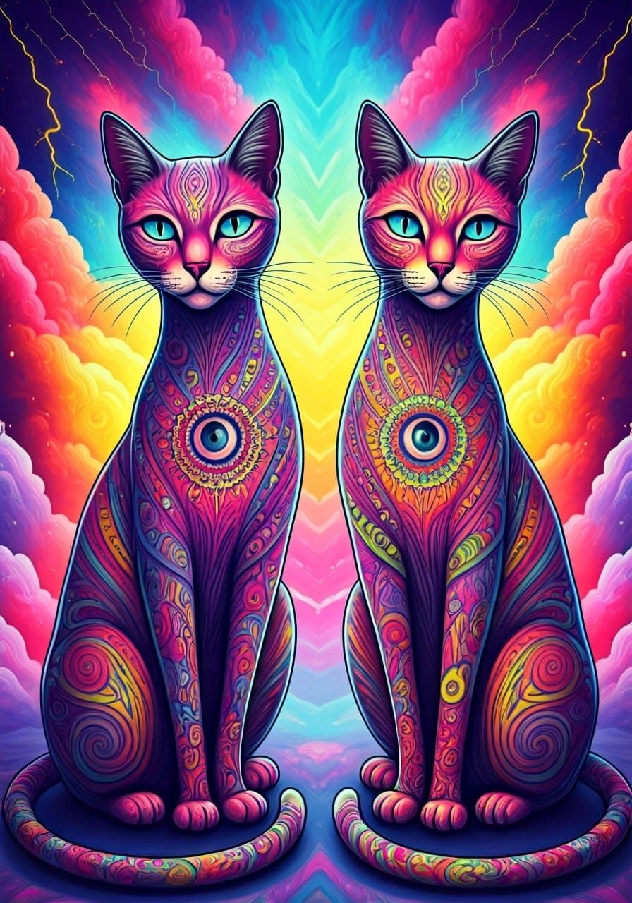 Surreal Cats in Multicolored Dreamscape Pop Art