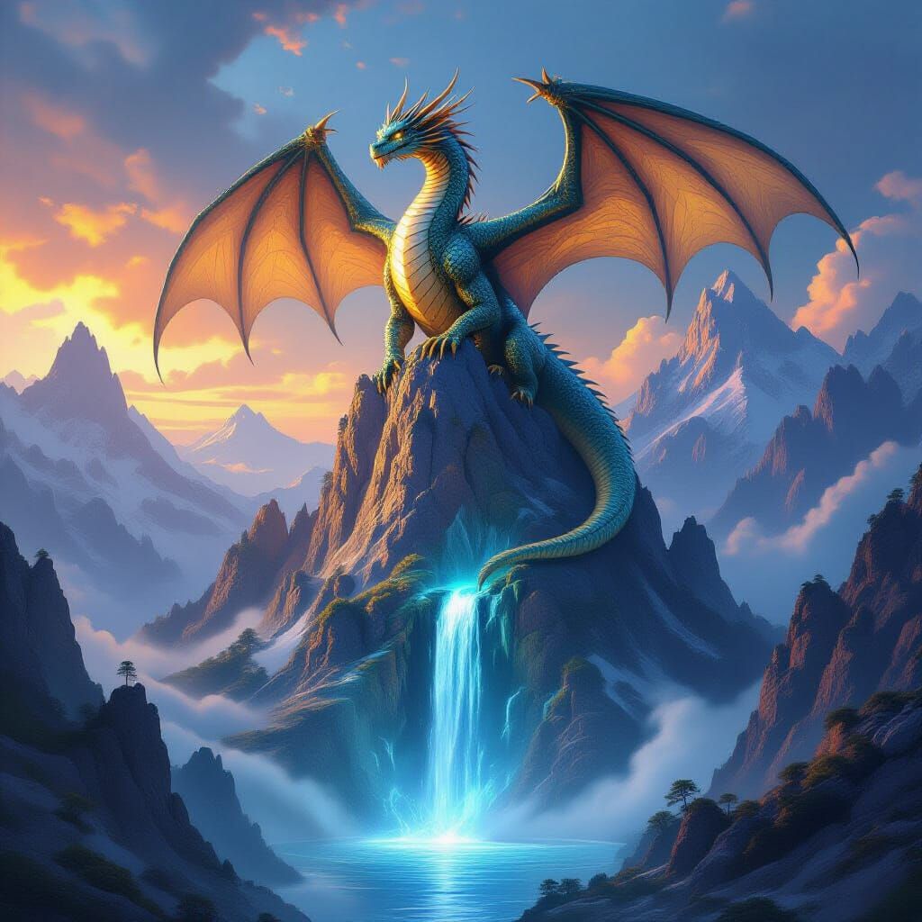 Ancient Dragon Over Mystical Fountain, Digital Matte Paintin...
