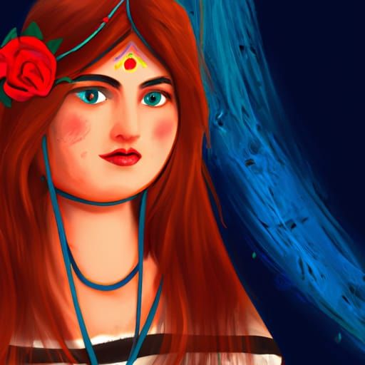 Woman with Pomegranate Flower in Digital Painting Style