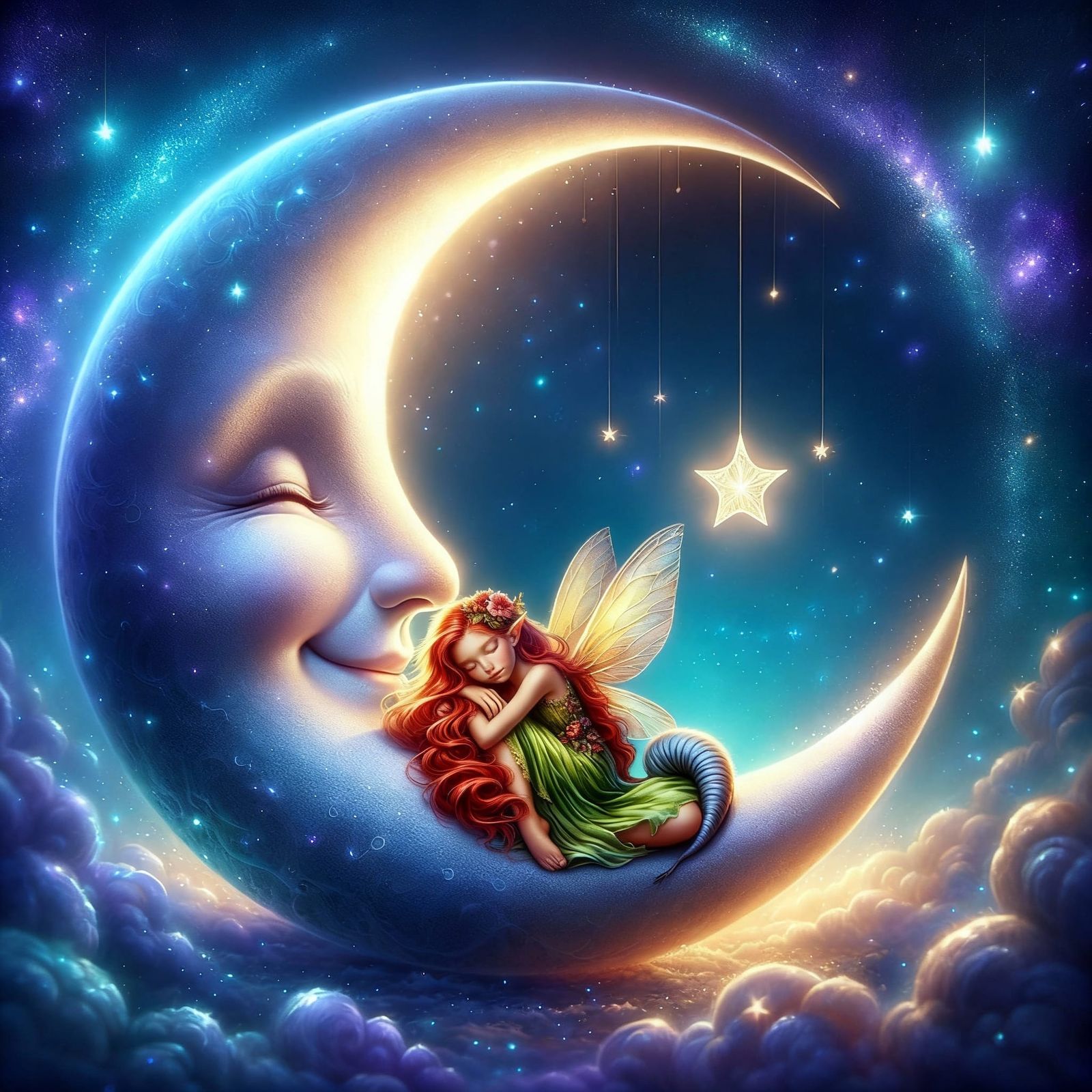 Fairy Rests on Smiling Moon Amidst Starry Night Sky