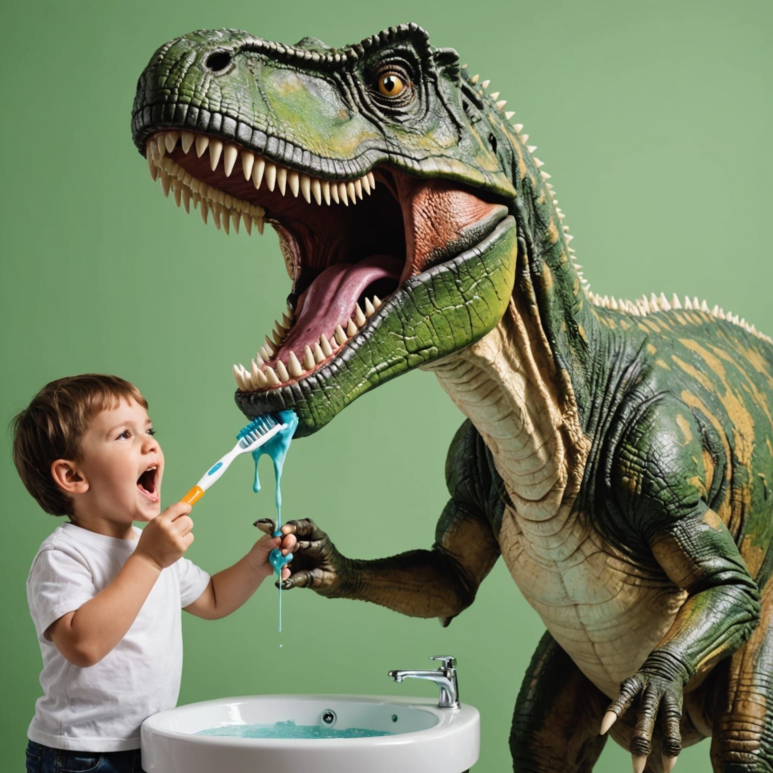 Human Brushing a T-Rex's Teeth with Giant Brush
