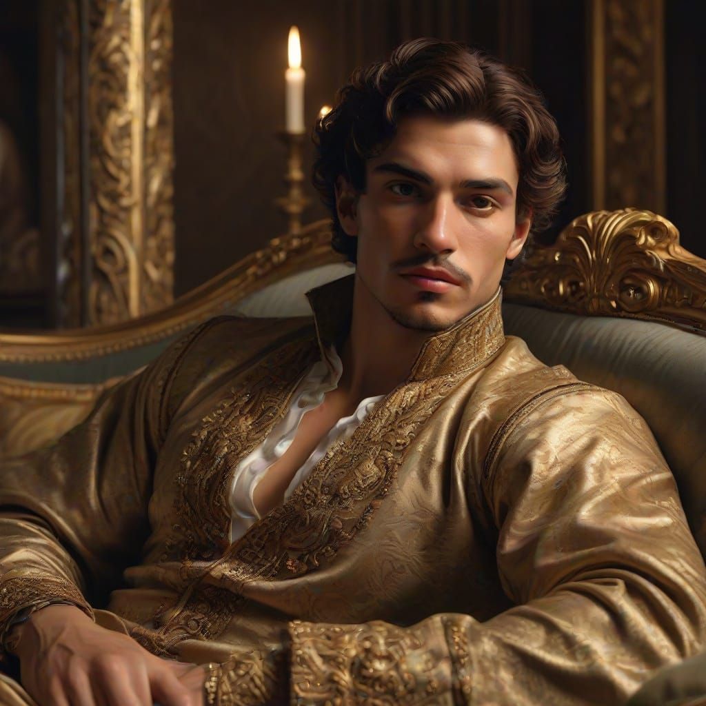 Baroque Handsome Man in Luxurious Velvet Couch