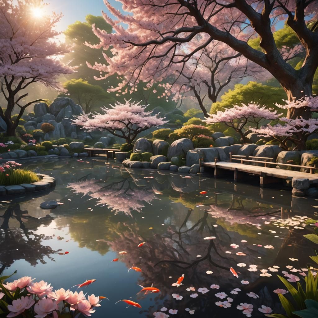 Tranquil Cherry Blossom Garden at Sunrise: Matte Painting