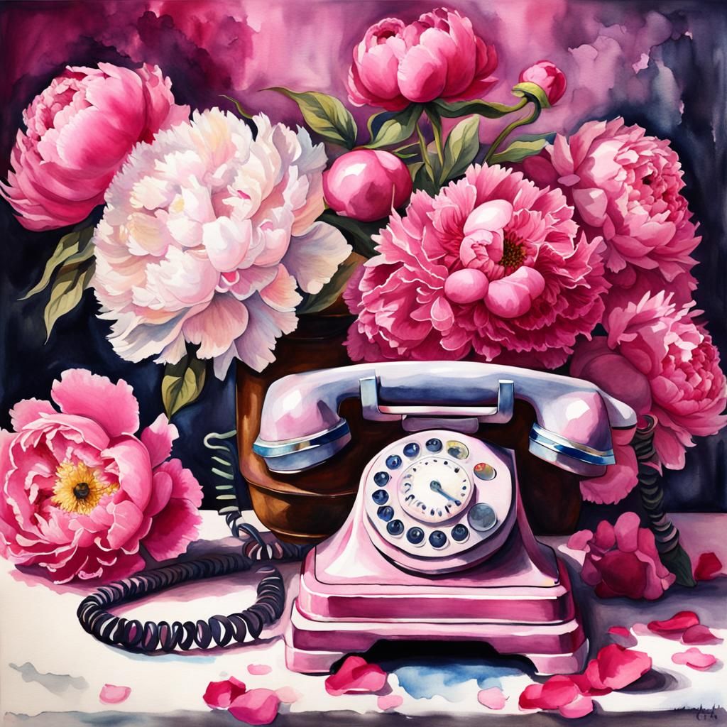 Elegant Still Life with Telephone and Peonies