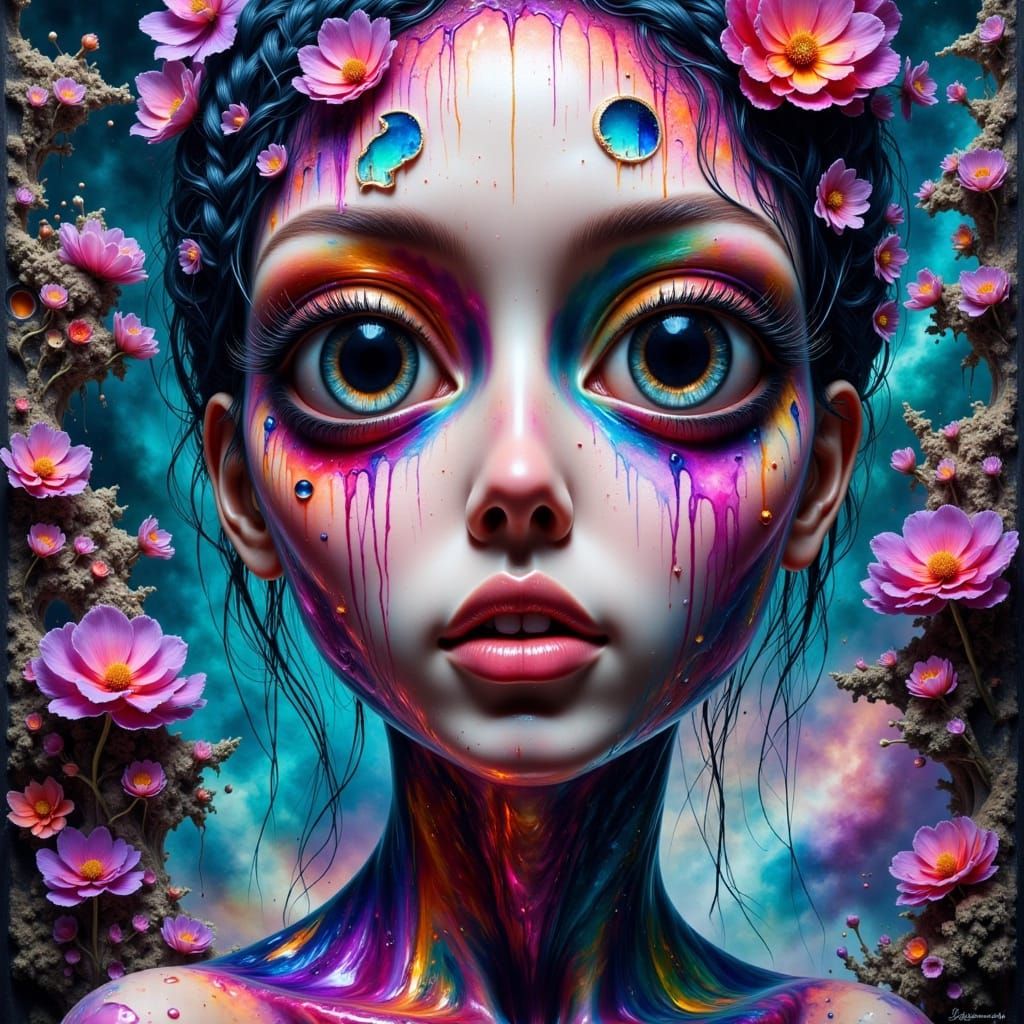 Surreal Portrait with Exaggerated Eyes and Jelly Lips