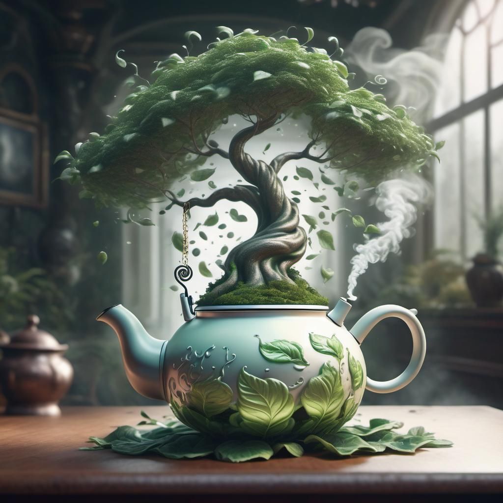 Surreal Bonsai Tree Growing From Teapot
