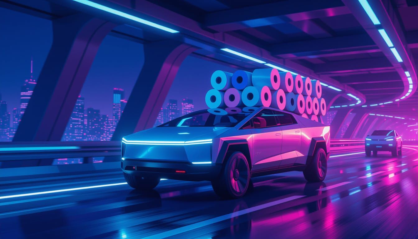 Futuristic Cybertruck on Neon Highway with Toilet Paper Carg...