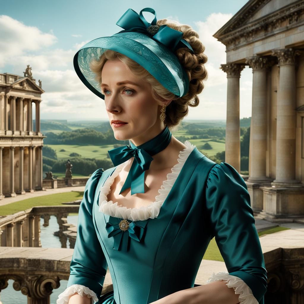 Jane Bennet in Teal Dress with Elaborate Bonnet