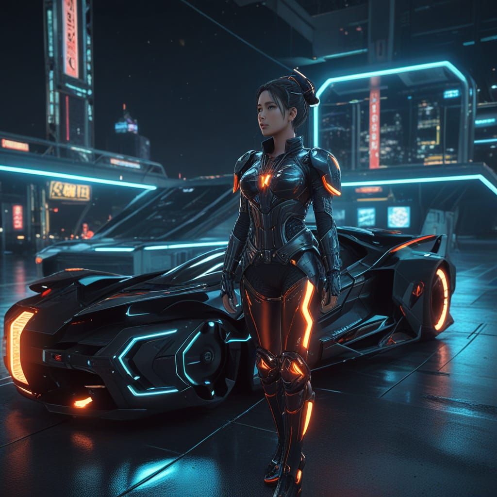 Surreal Space Princess in Futuristic Neon-Lit Asian-Inspired...