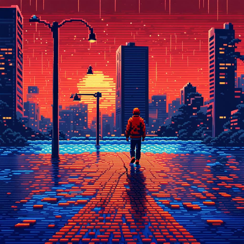 Escaping Floodwaters: Retro 8-bit Pixel Art