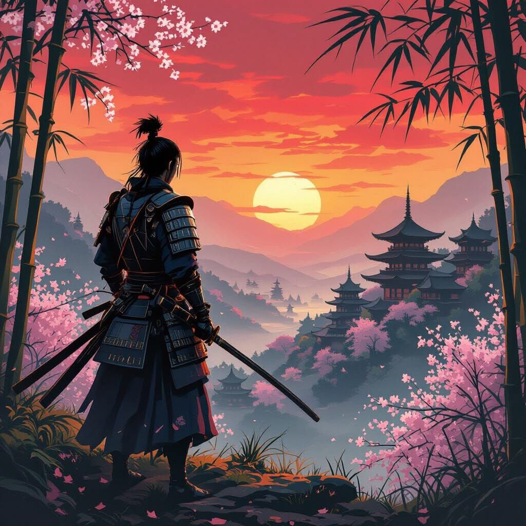 Samurai Silhouette at Sunset in WLOP Style
