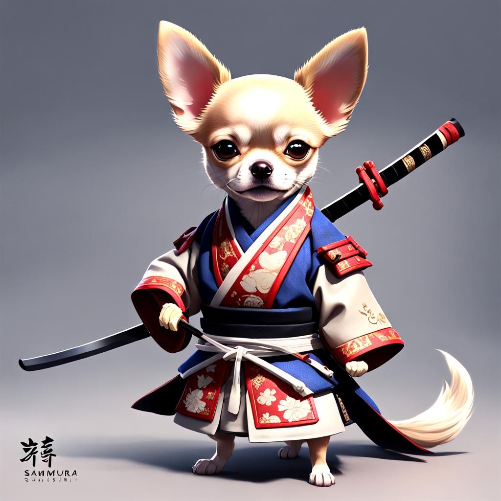Cute Sand-Colored Chihuahua Samurai in Anime Style
