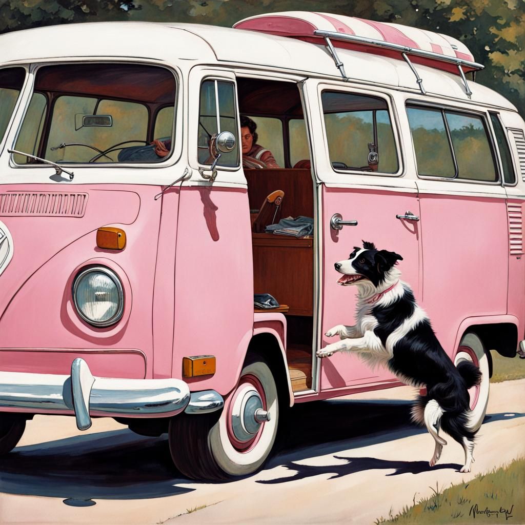 Border Collie Greets Surfer Bus, in Rockwell Style