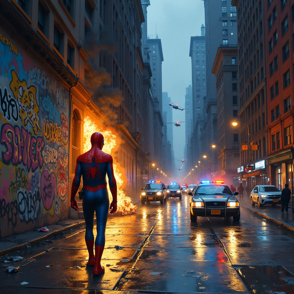 Spiderman Walks Away from Fire in Graffiti Style