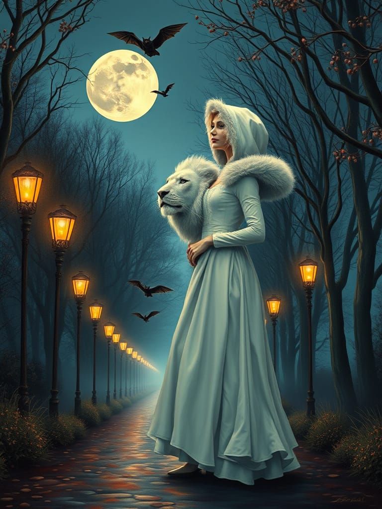 Elegant Victorian Lady Stands with White Lion in Whimsical F...