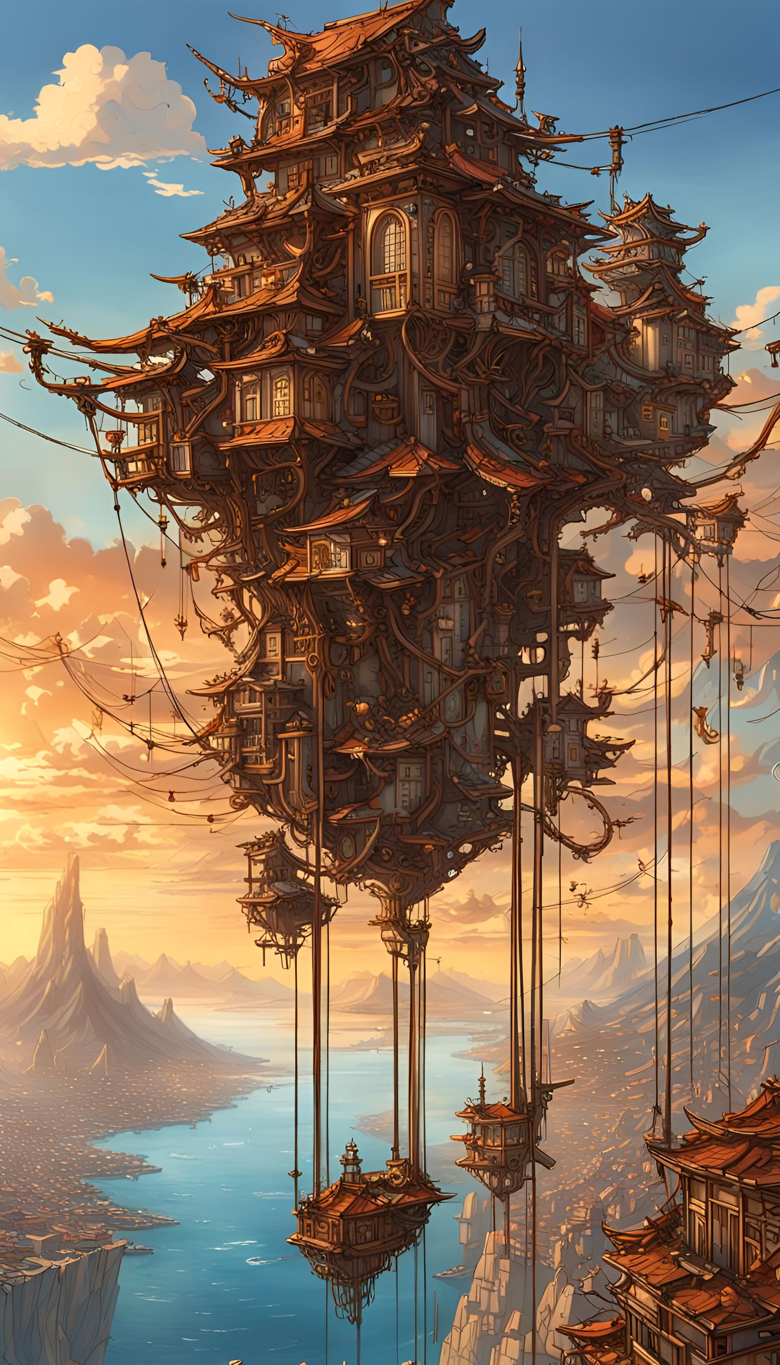 Steampunk Japanese City Ruins Floating Above the Sea
