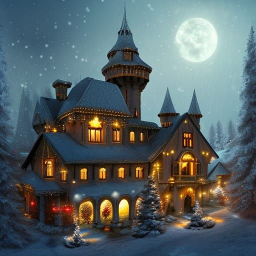 Winter Castle Aglow with Christmas Lights, Detailed Matte Pa...