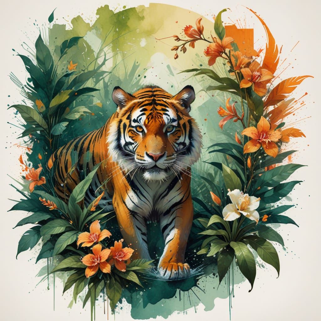 Majestic Tiger in Tropical Rainforest with Vibrant Watercolo...