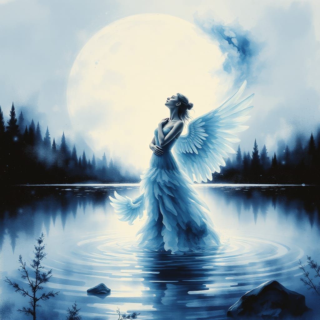 Woman Turns to Swan in Ink Splatter Art