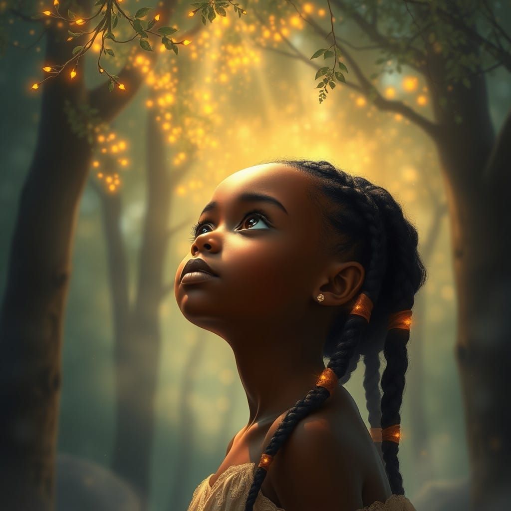 Serenely Adorned Ebony Girl Surrounded by Glowing Foliage