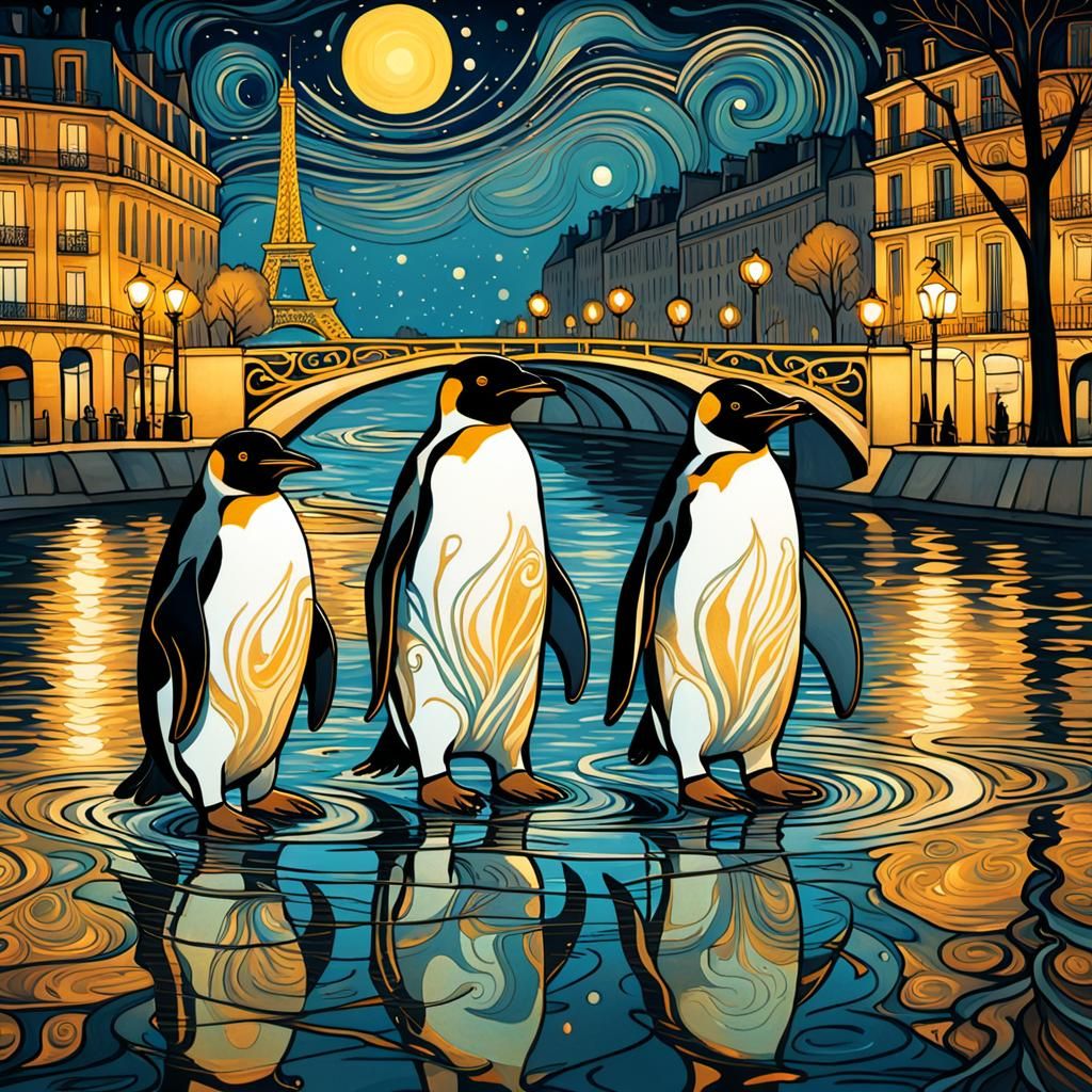 Penguins Stroll Along Seine River in Paris at Night, in Art...