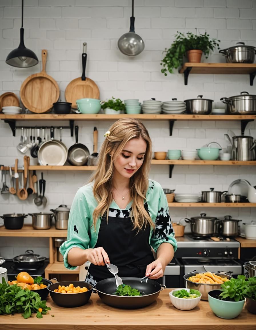 Golden Haired Girl Prepares Dinner in Minimalist Kitchen