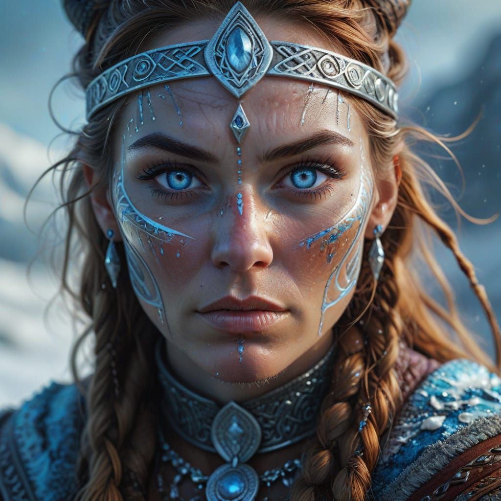 Viking Ice Goddess in Vibrant Hyperrealistic Art
