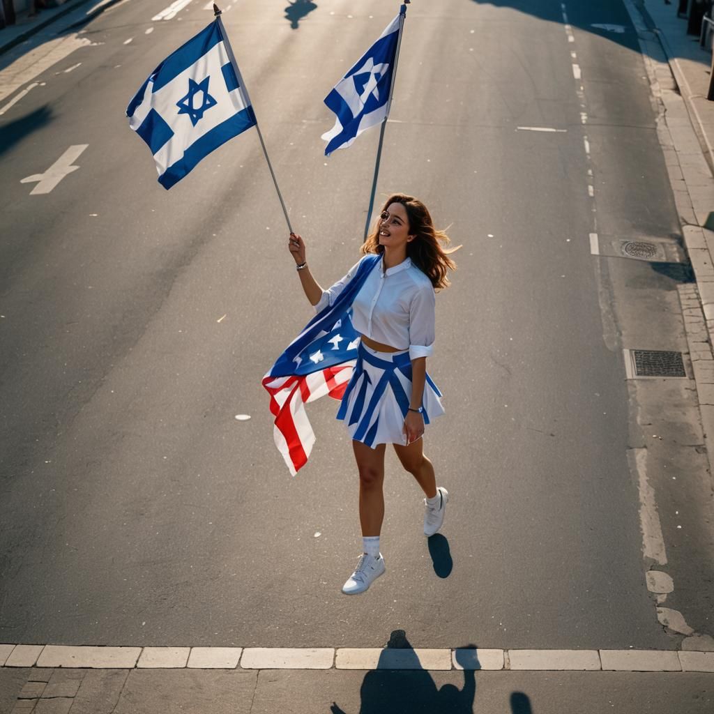 Joyful Israeli Woman Waves Flag in City Street