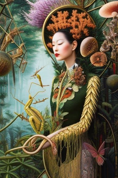 Mantis-Human Hybrid in Mycelium Network, Detailed Art