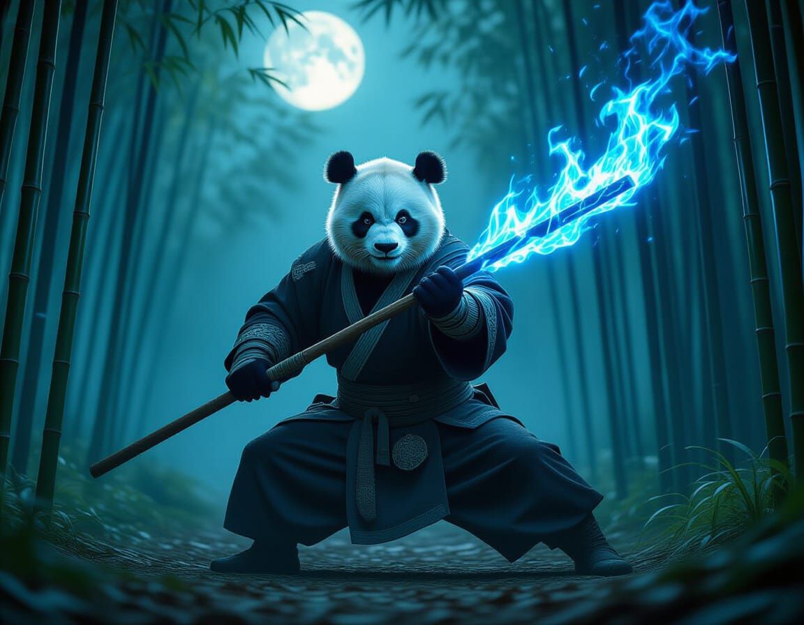 Panda Monk Wielding Fiery Staff in Moonlit Forest