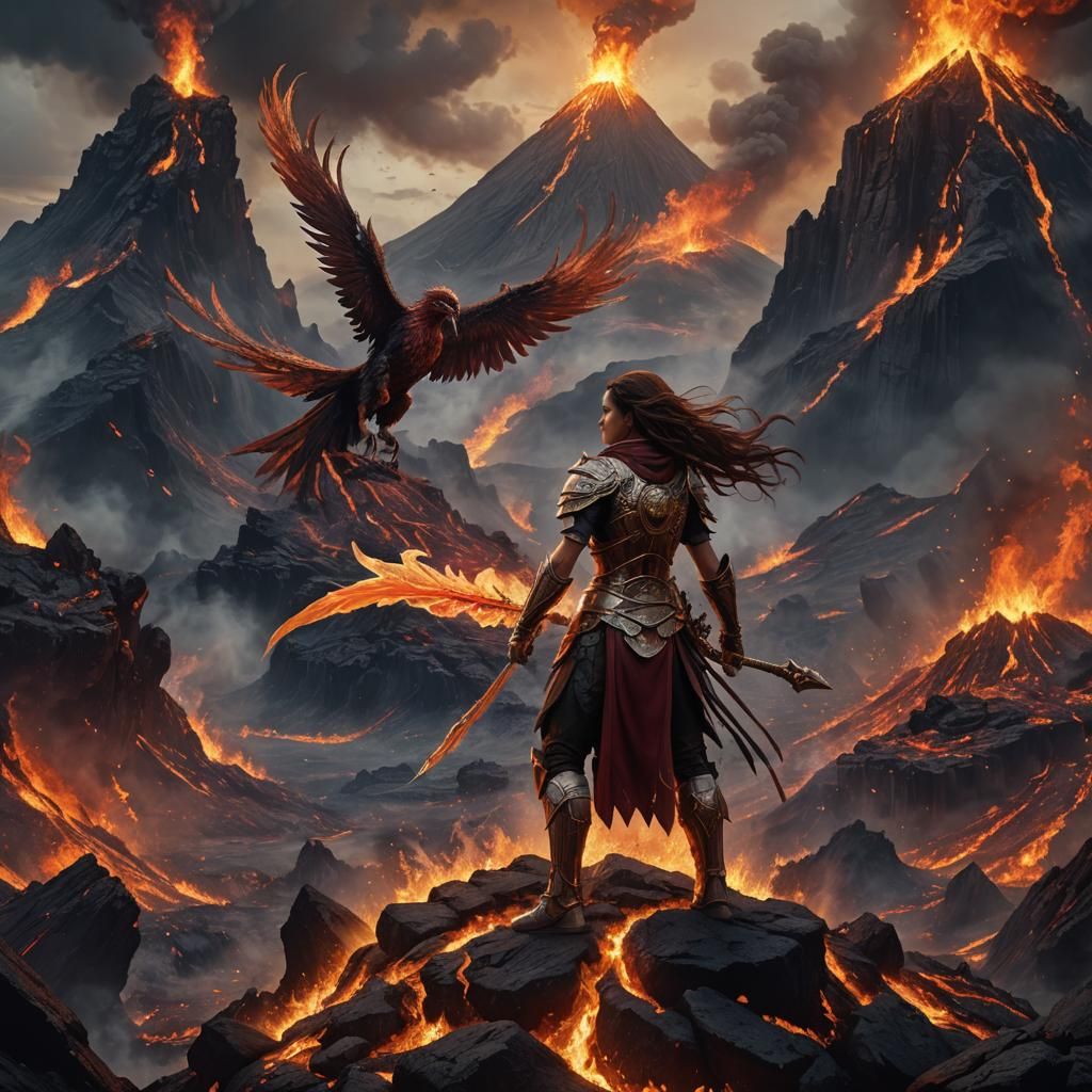 Fiery Phoenix Warrior Rising from Volcano
