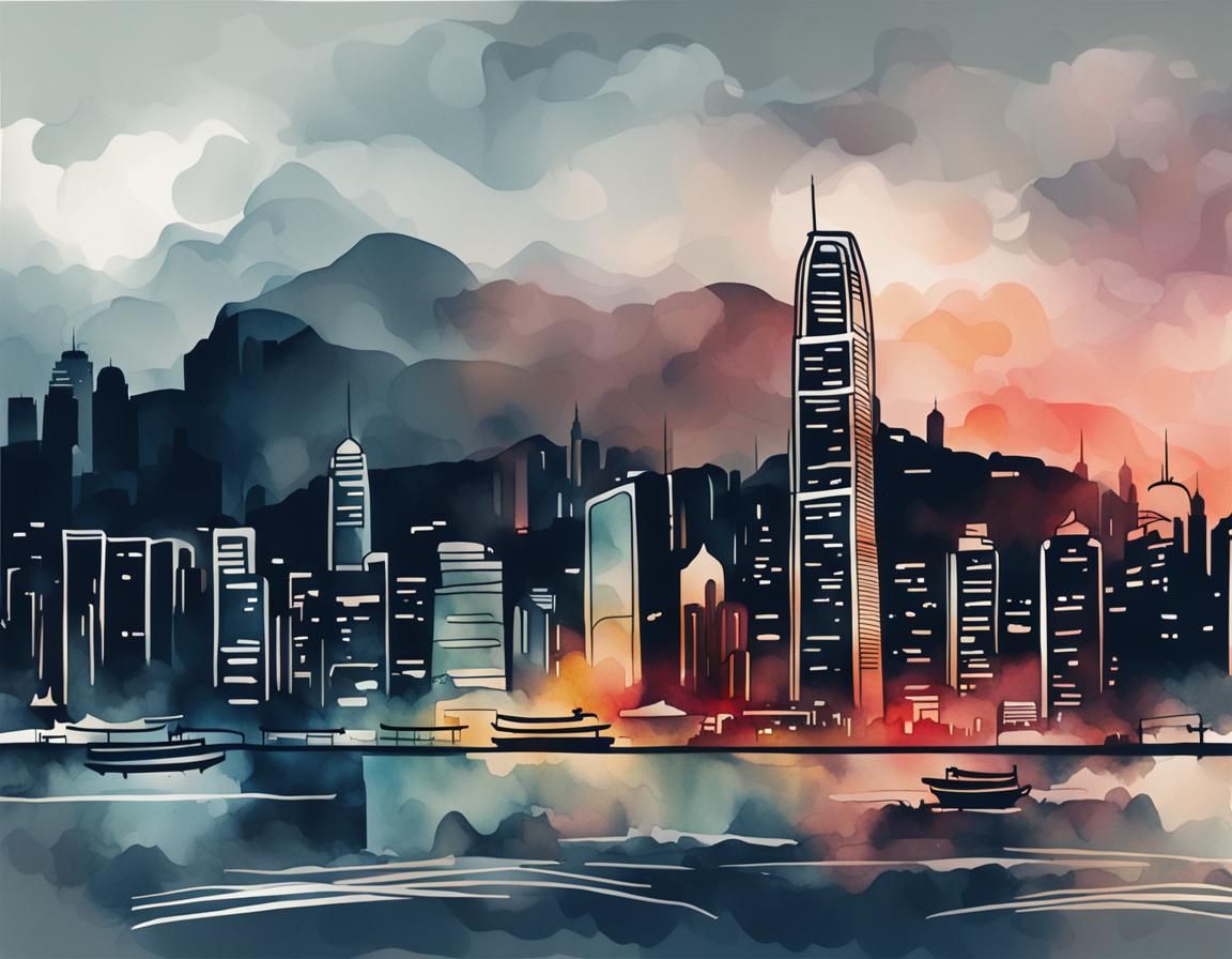 Hong Kong Skyline in Watercolor Single Line Art