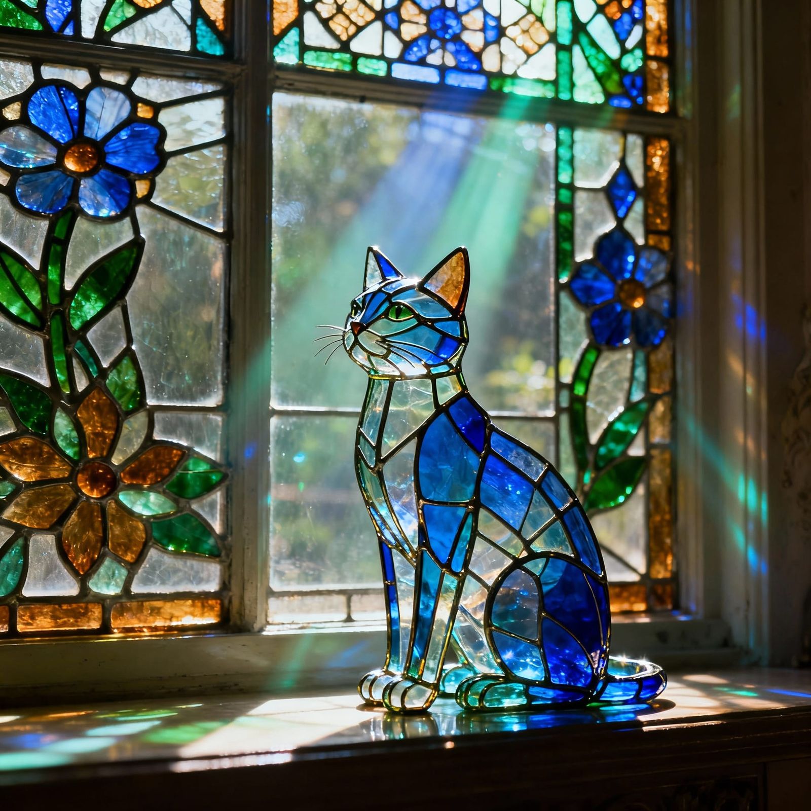 Vibrant Stained Glass Cat Sculpture Illuminated