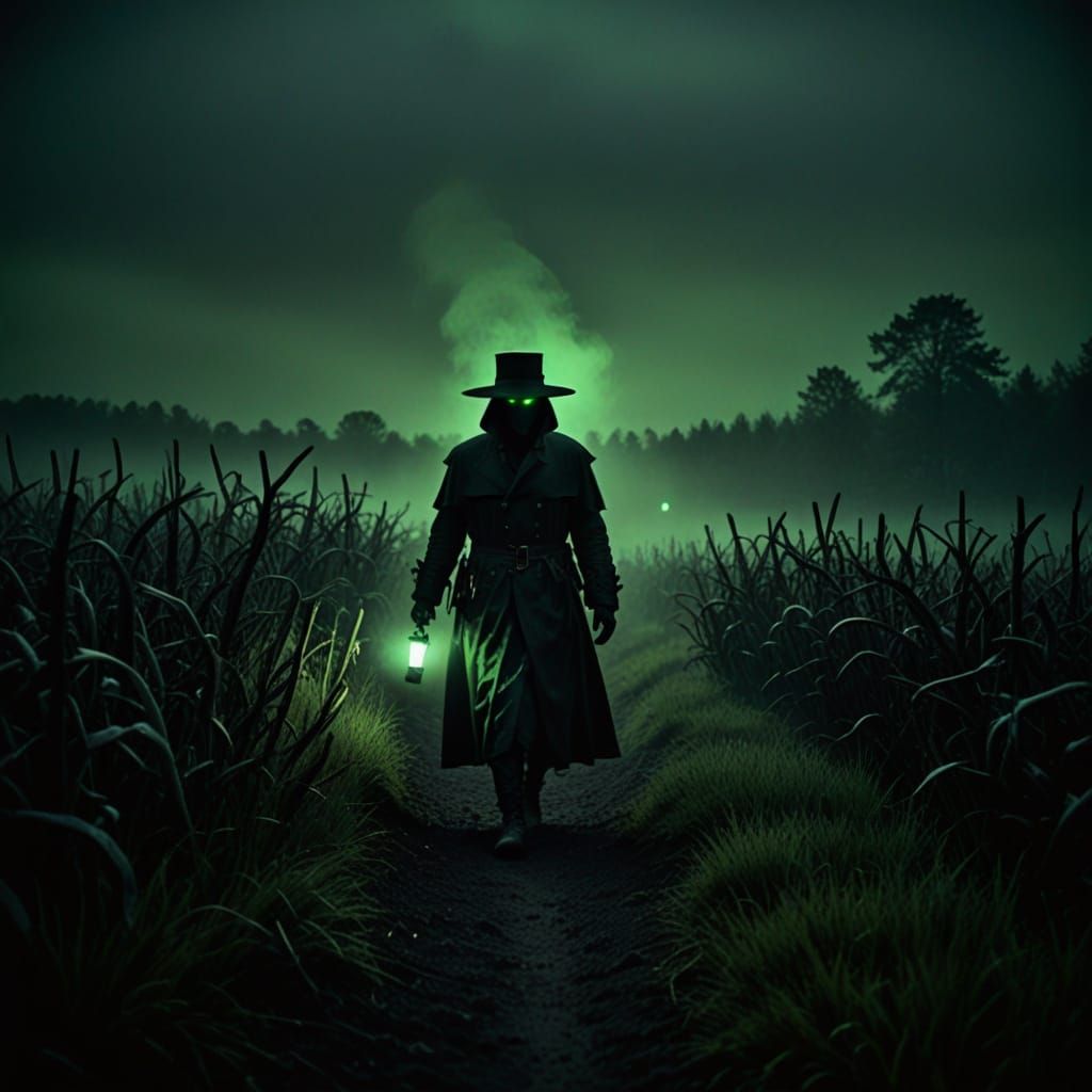 Plague Doctor in Dark Misty Field with Green Glow