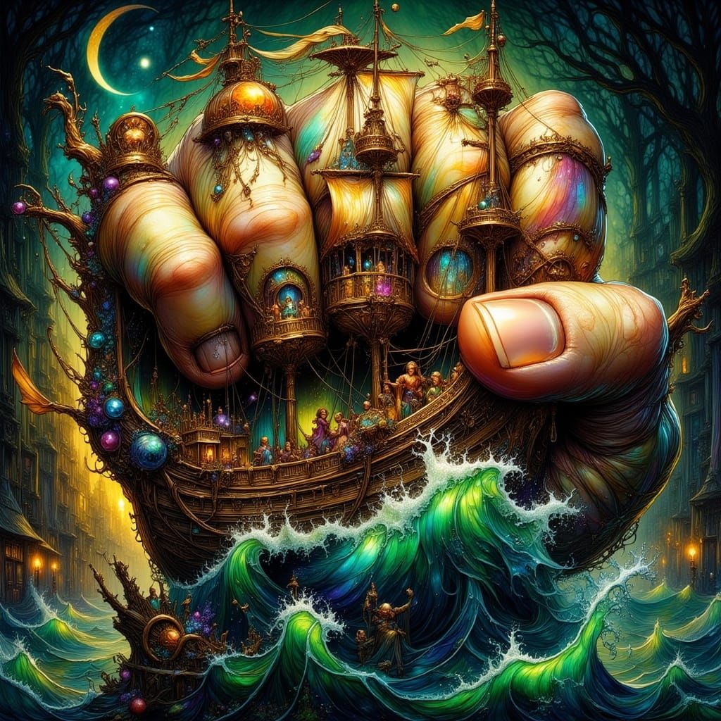 Clenched Fist Holding Ship in Dramatic Light