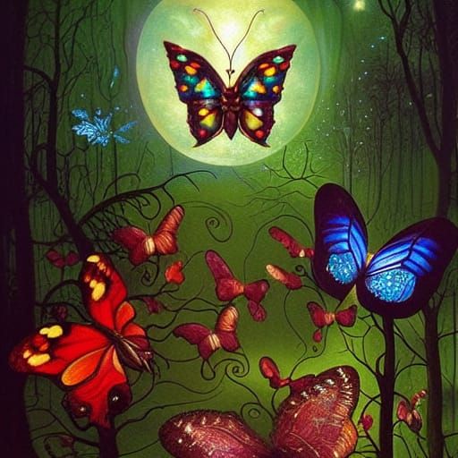 Glowing Butterfly in Magical Night Forest