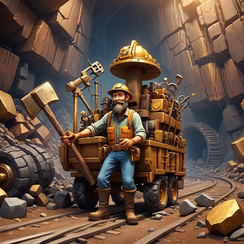 Gold Miner in a Mining Cart: 3D Digital Art