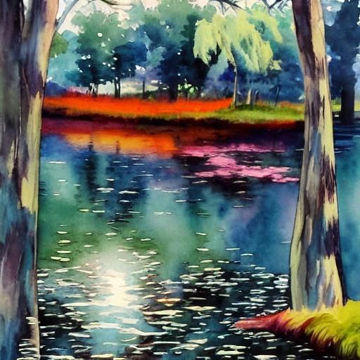 Calm Blue Lake with Wisteria in Watercolor