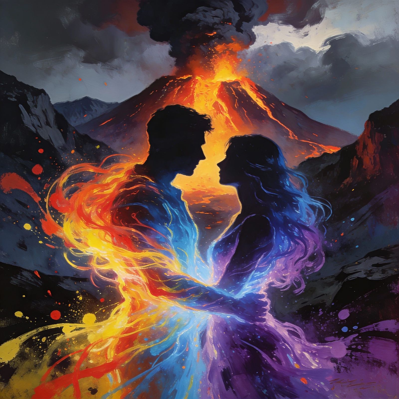 Silhouettes in Volcanic Eruption: A Luminous Embrace