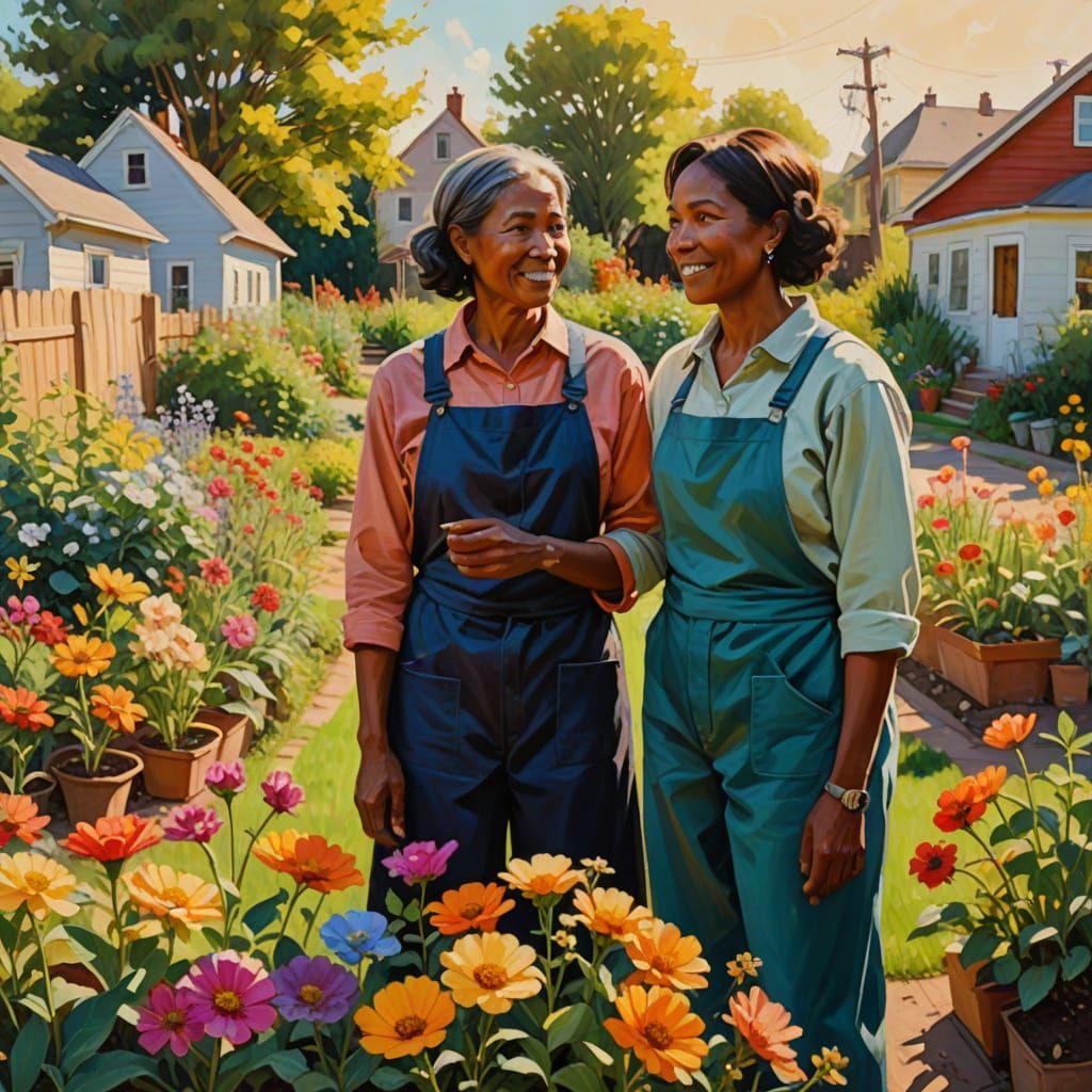 Diverse Neighbors in Community Garden - Oil Painting